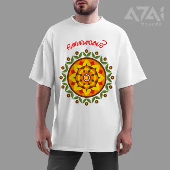 Onam Pookalam Graphic White T-Shirt | Traditional Malayalam Typography Tee